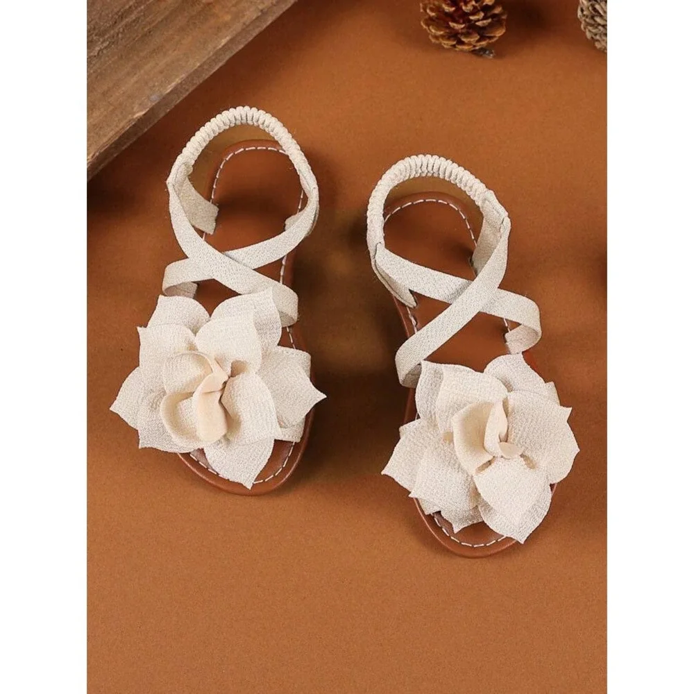 Girls Cream Floral Gladiator Sandals Elastic Strap Flat Shoes